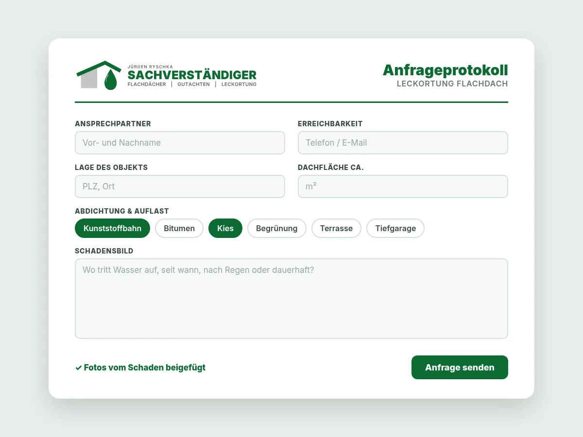Anfrageprotokoll von Roof-Service.de mit den wichtigsten Angaben zu Dach und Schaden