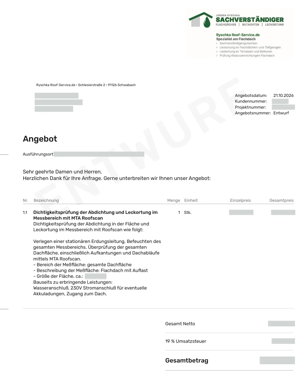Beispiel einer Einschätzung mit Angebot, Kundendaten und Preise geschwärzt