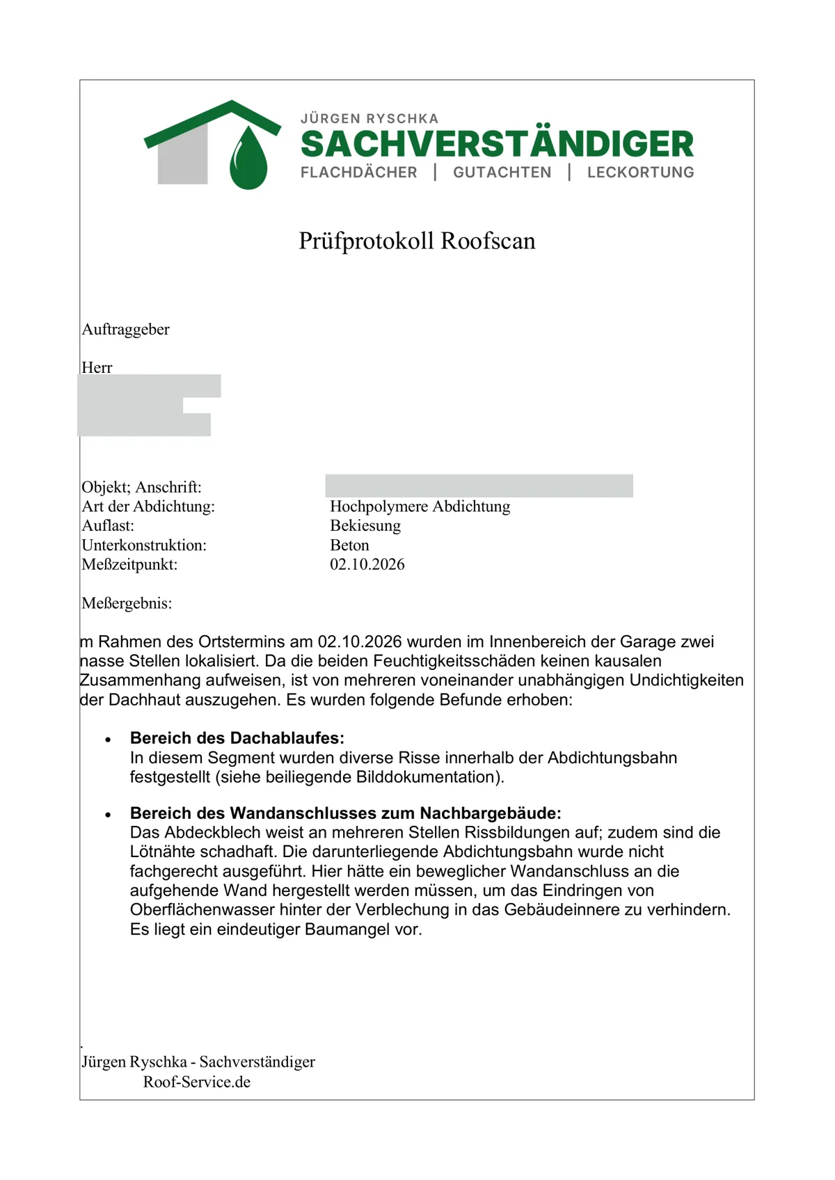 Beispiel eines Prüfprotokolls mit Befund und Empfehlung, Auftraggeber und Objekt geschwärzt